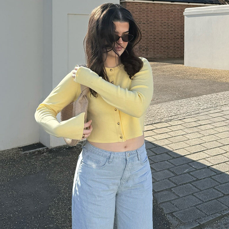 Best Seller in Women Clothing Summer Street Shooting Cardigan Button Solid Color Slim Fit Long Sleeves Top