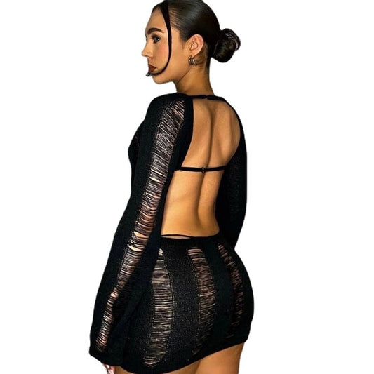 Long Sleeve Hollow Out Cutout Backless Dress Sexy Tight Hollow Out Cutout-out Sheath Woolen Spring Summer Women Clothing Dress