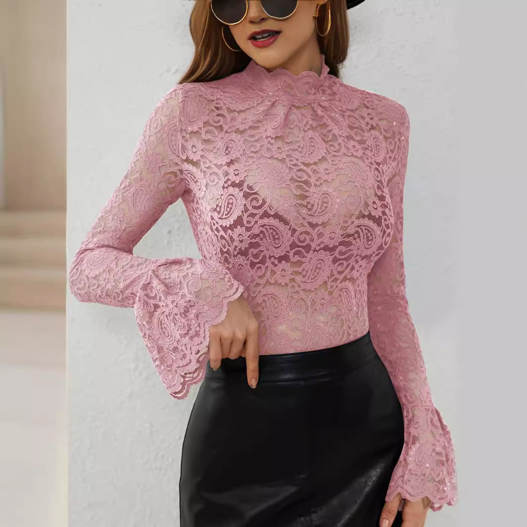 Sexy Paisley Lace Slim Fit Slimming outside Wear Inner Bell Sleeve Top Women