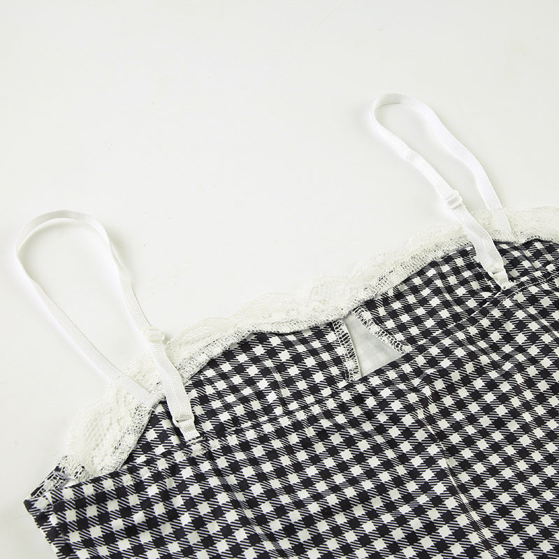 Spring Summer Women Clothing Plaid Stitching Lace Sling Bell Bottom Pants Street Two Piece Set