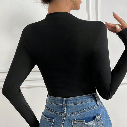Tight Sexy Black Slim Fit Long Sleeved Embroidered Stitching One Piece T shirt