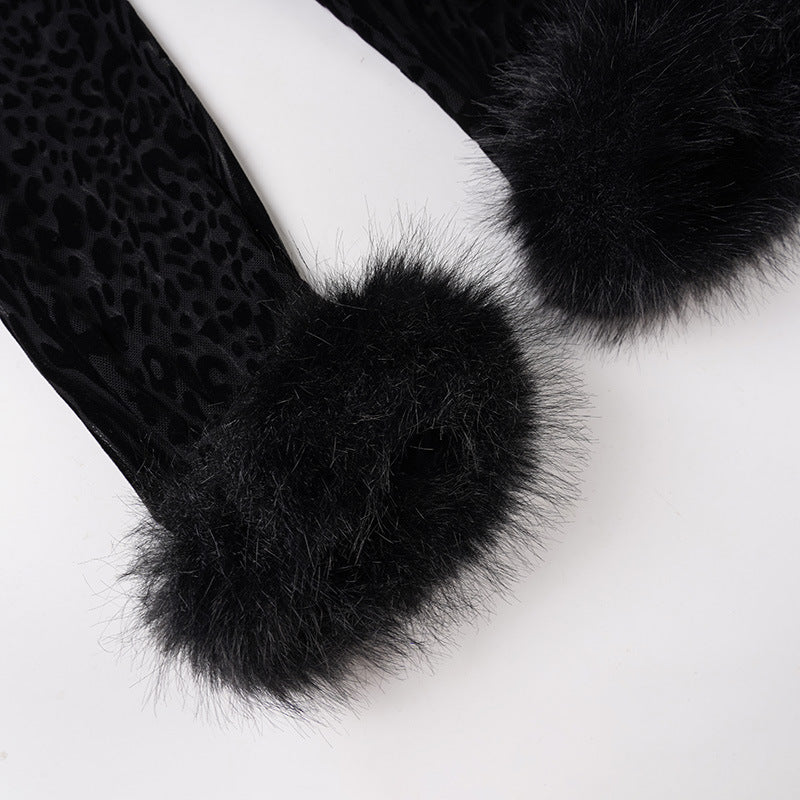 Sexy Flocking Wool Tops Lace up Cardigan Leopard Print Skirt Women Fur Stitching Two Piece Sets