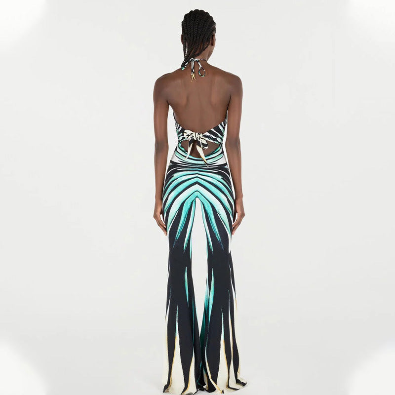 Women Clothing Catwalk Design Contrast Color Striped Hollow Out Cutout out Halter One Piece Trousers
