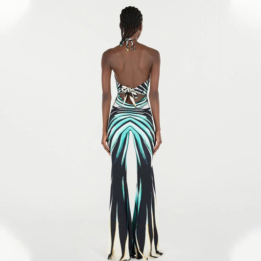Women Clothing Catwalk Design Contrast Color Striped Hollow Out Cutout out Halter One Piece Trousers