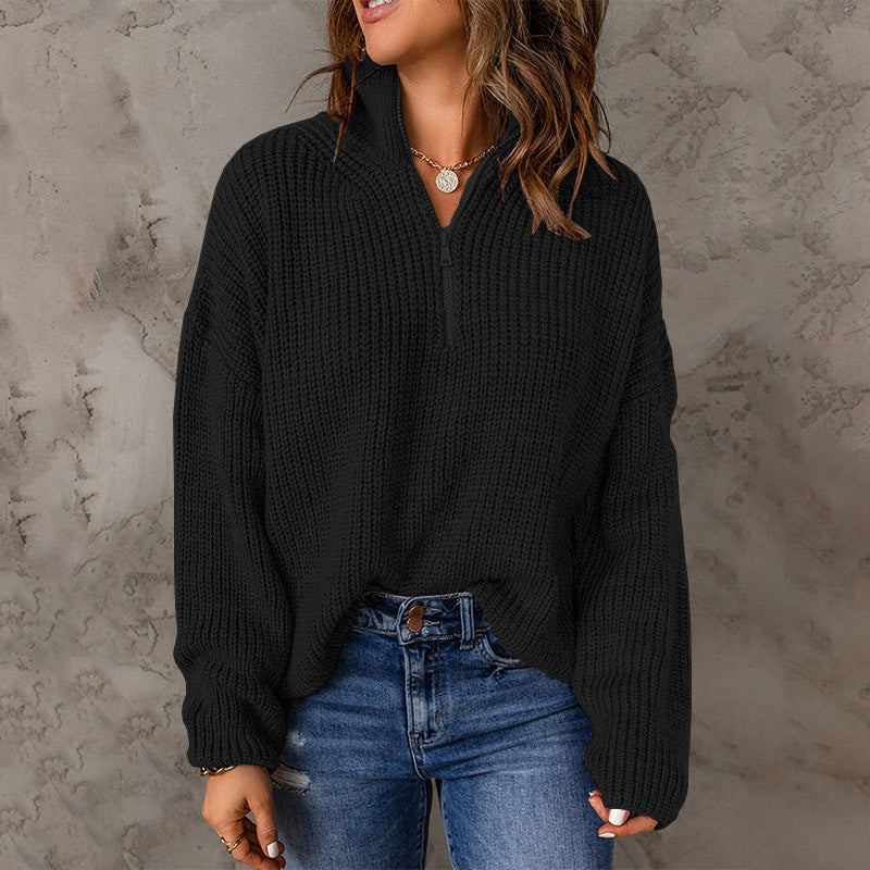 Half Open Collar Long Sleeved Top Women Autumn Winter Solid Color Loose High Collar Sunken Stripe Pullover Sweater