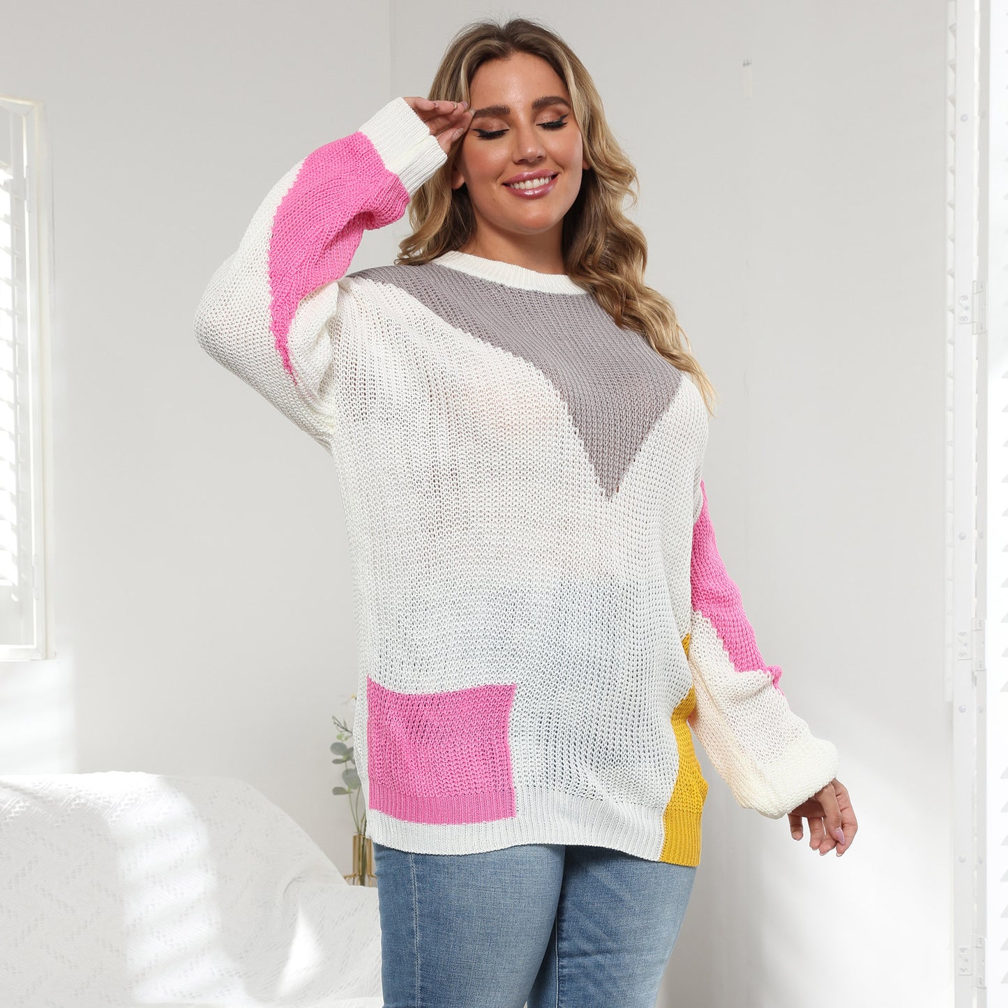 Plus Size Women Clothes Color Contrast Patchwork Loose Casual Pullover Sweater