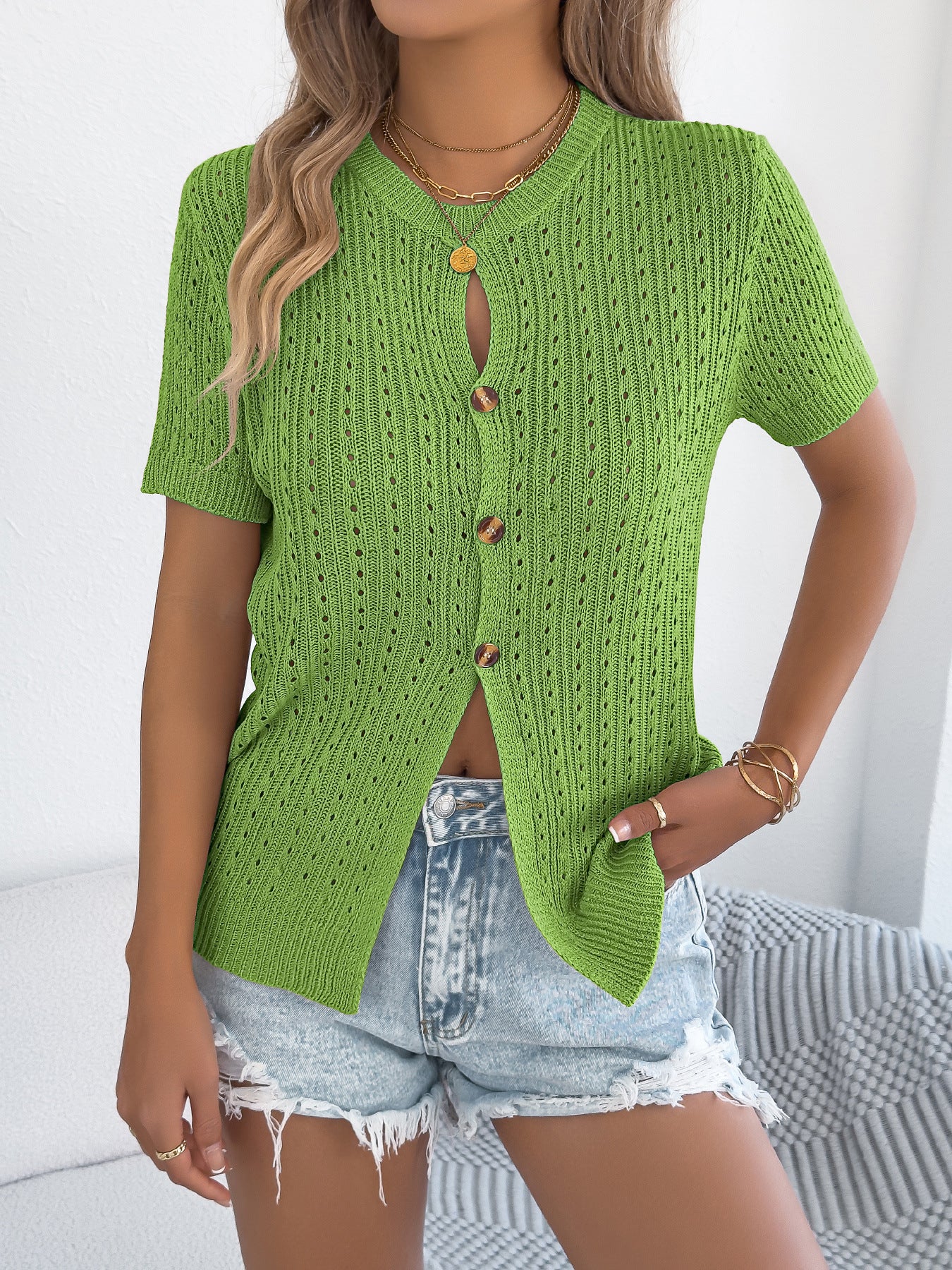 Women Clothing Spring Summer Solid Color Hollow Out Cutout Button Short Sleeved Sweater Top