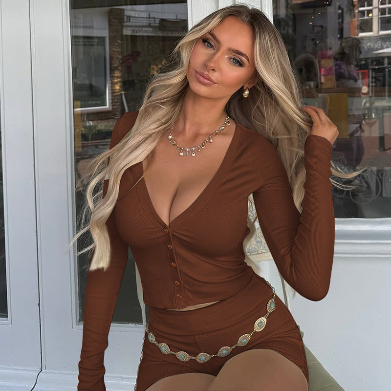 Women Solid Color Long Sleeve Two Piece Set Winter Breasted Cardigan Slim Fit Short Set