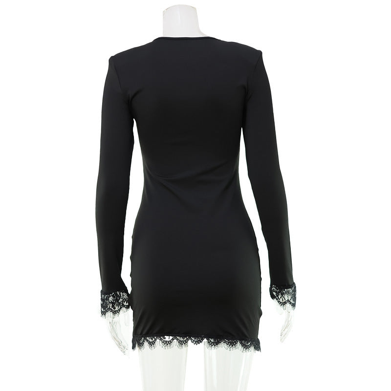 Autumn Women Clothing French Lace V neck Solid Color Simple Slim Fit Long Sleeve Narrow Short Dress