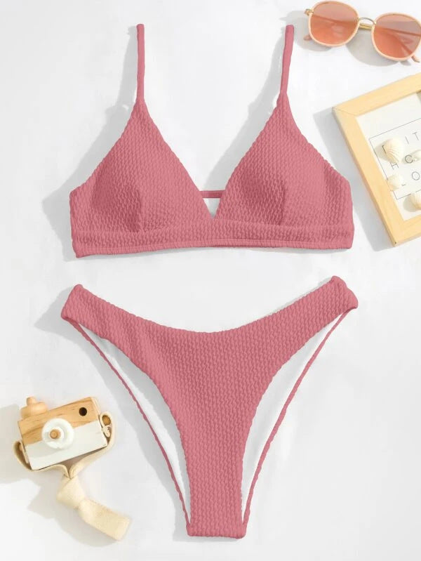 Women Seperated Swimwear Sunken Stripe Solid Color Sexy Bikini Swimsuit