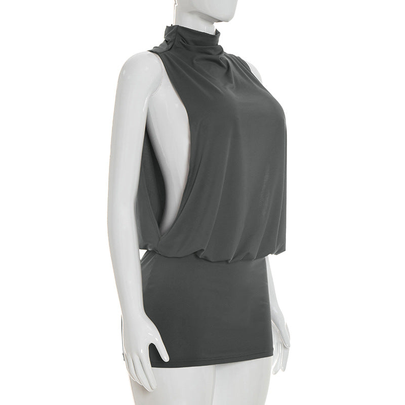 Women Clothing Summer Solid Color Casual Sleeveless Turtleneck Mini Hollow Out Cutout Sheath Short Dress