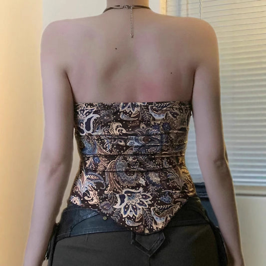 Ethnic Re Work Printing Irregular Asymmetric Wrapped Chest Distressed Metal Buckle Pleated Waist Tight Short Vest