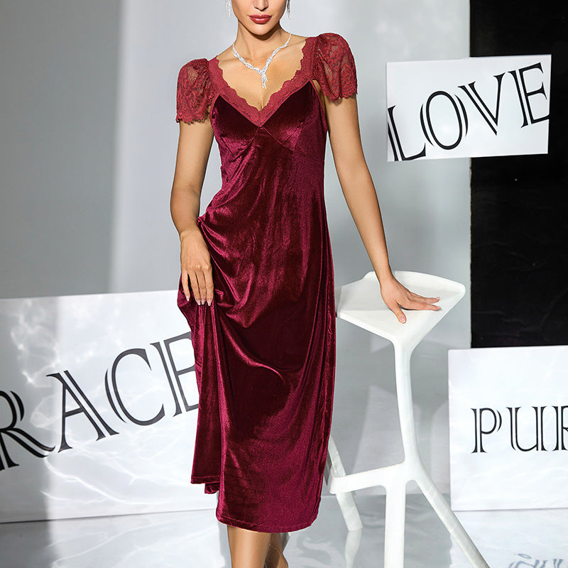 Elegant Velvet Lace Nightdress Burgundy V neck Mid Length Sexy Ladies Sleeping Dress