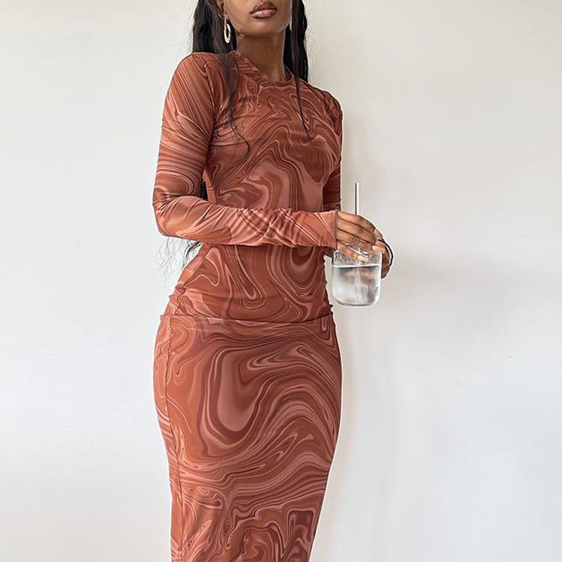 Women Clothing Autumn Winter Print round Neck Long Sleeve Slim Mid Length Dress