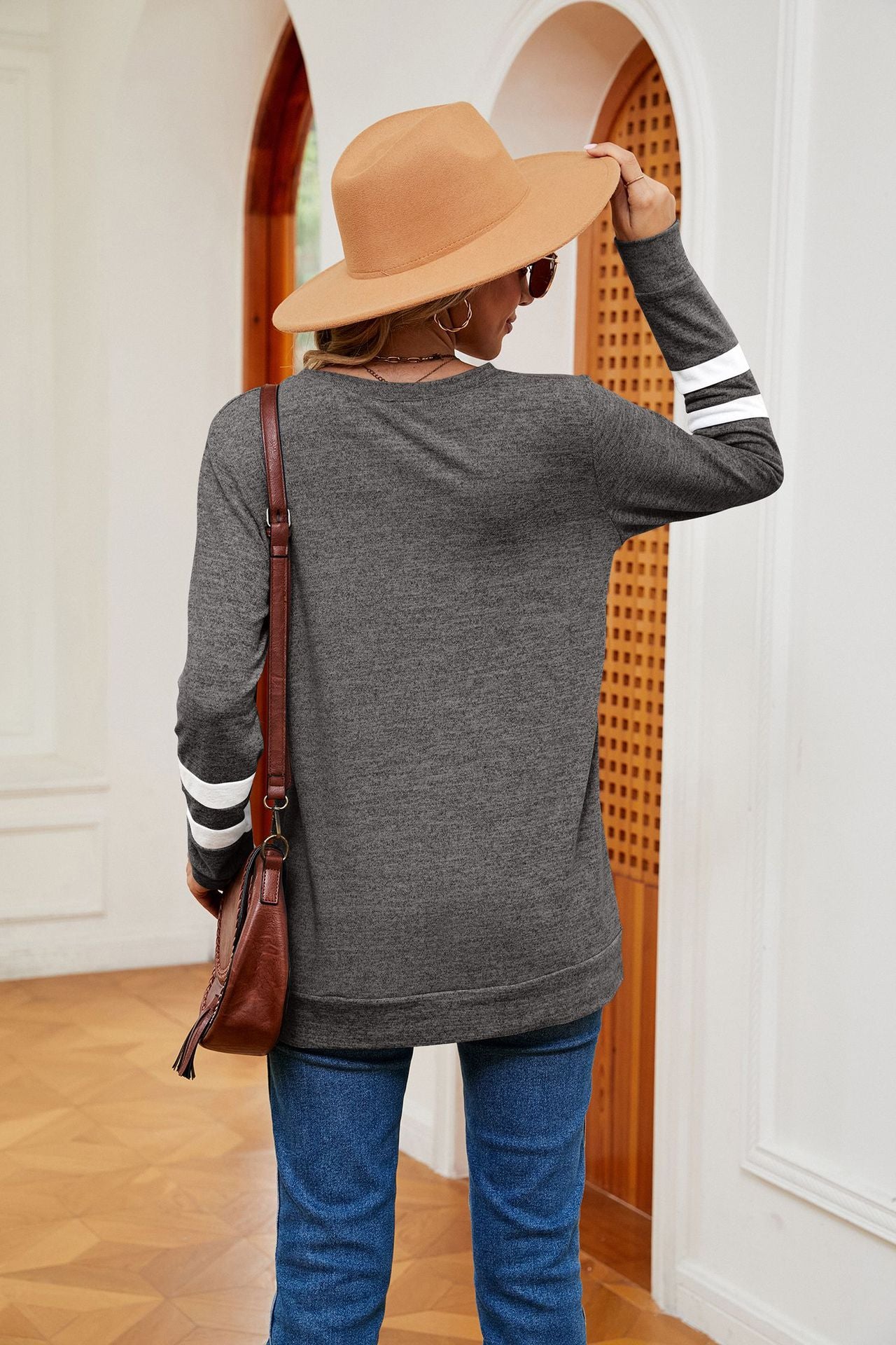 Autumn Winter Solid Color V neck Color Contrast Patchwork Loose Long Sleeved T shirt Top