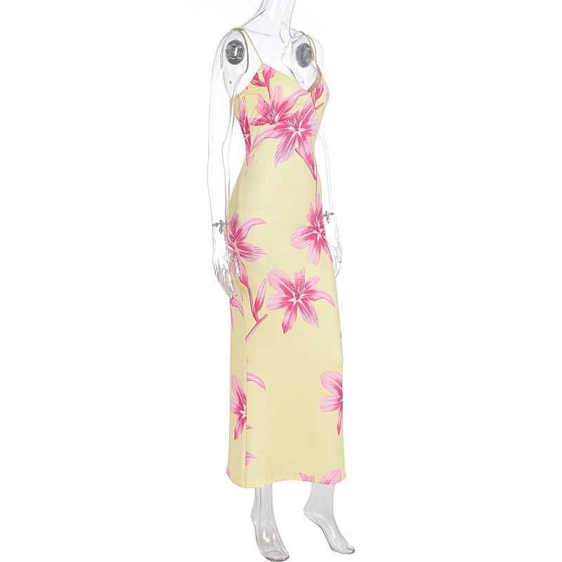 Summer Women Clothing Sexy Printing V-neck Brace Backless Slimming Dress