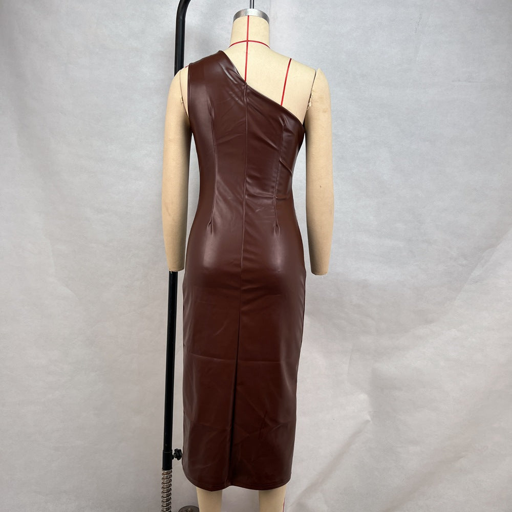 Women Clothing Tight Wrapped Chest Shoulder Faux Leather Dress Sexy Nightclub Dress