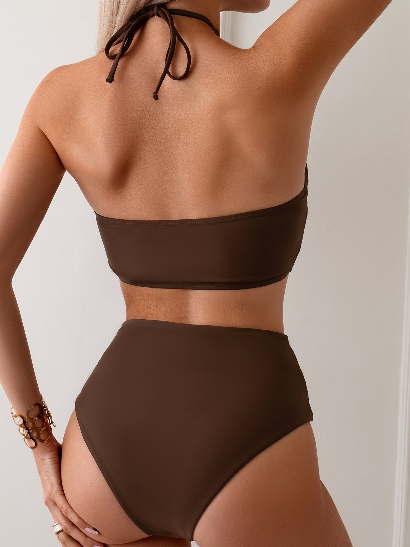 Women Split Tube Top Pleated Halter Lace up High Waist Sexy Swimsuit