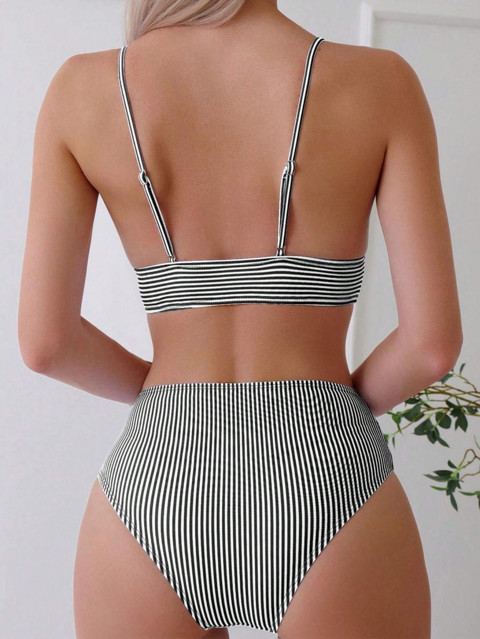 Split Swimsuit Bikini Sexy Swimsuit Slim Striped High Waist Bikini Swimsuit