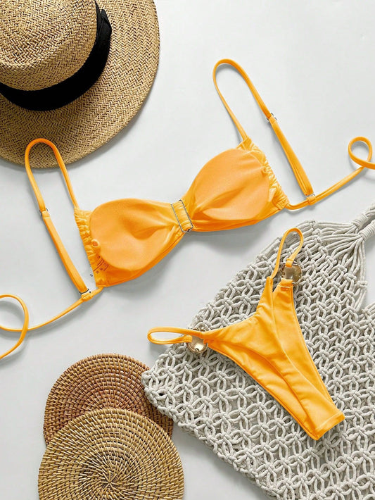 Swimwear Solid Color Bikini Sexy Lace up Bikini Lady Simple Split Swimsuit