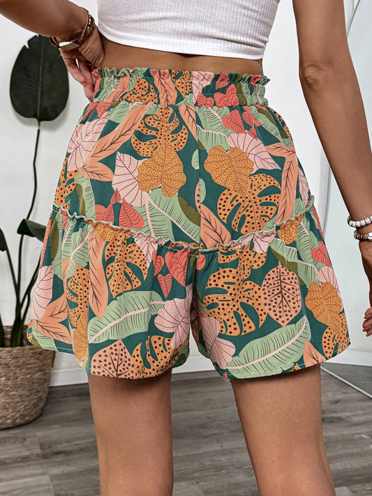 Tropical Plant Holiday Floral Print Pants Summer Elastic Shorts Wide Leg Pants Women