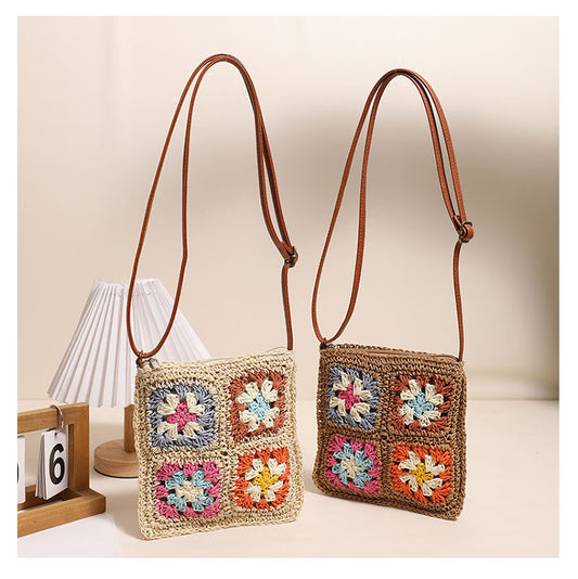 Hollow Out Cutout Floral Crossbody Straw Bag Retro Square Straw Bag Woven Bag Vacation Beach Bag All Match Shoulder Bag