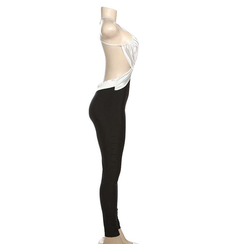 Summer Women Clothes Sexy Backless Contrast Color High Waist Tight Slimming One Piece Trousers