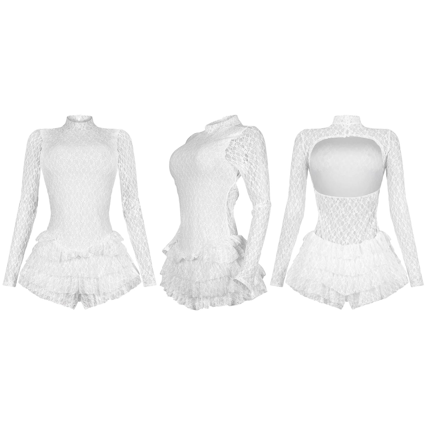 Women Clothing Sexy Lace Long Sleeve Shorts Wooden Ear Backless Jumpsuit
