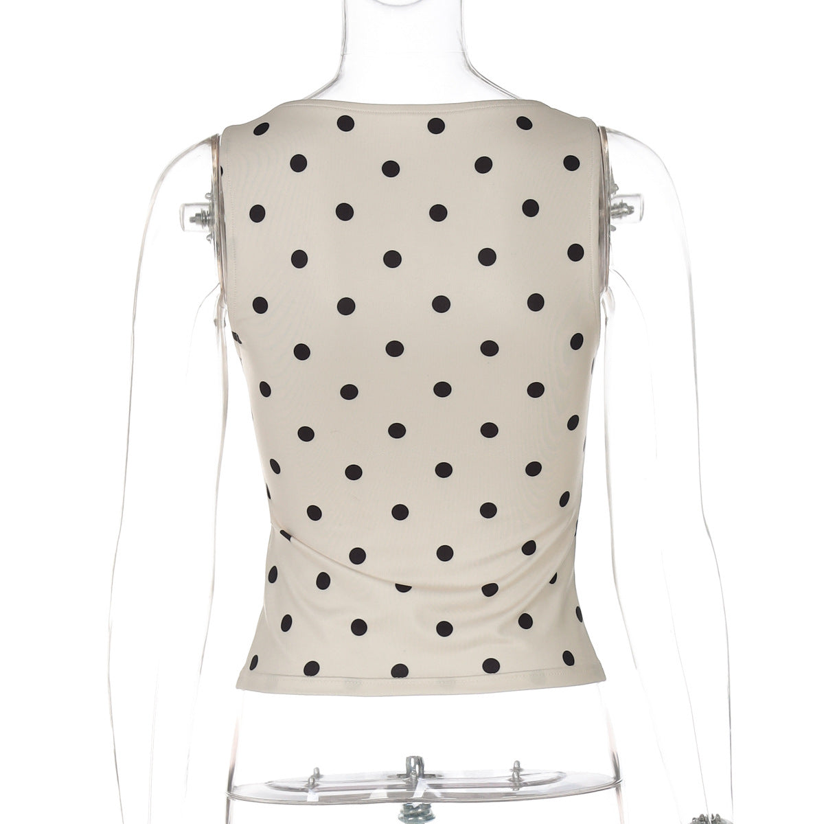 Women Clothing Summer Dotted Prints Slim round Neck Sleeveless Top