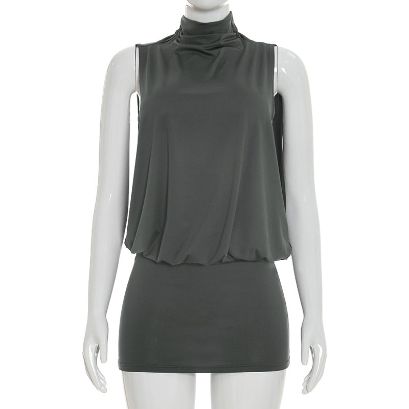 Women Clothing Summer Solid Color Casual Sleeveless Turtleneck Mini Hollow Out Cutout Sheath Short Dress