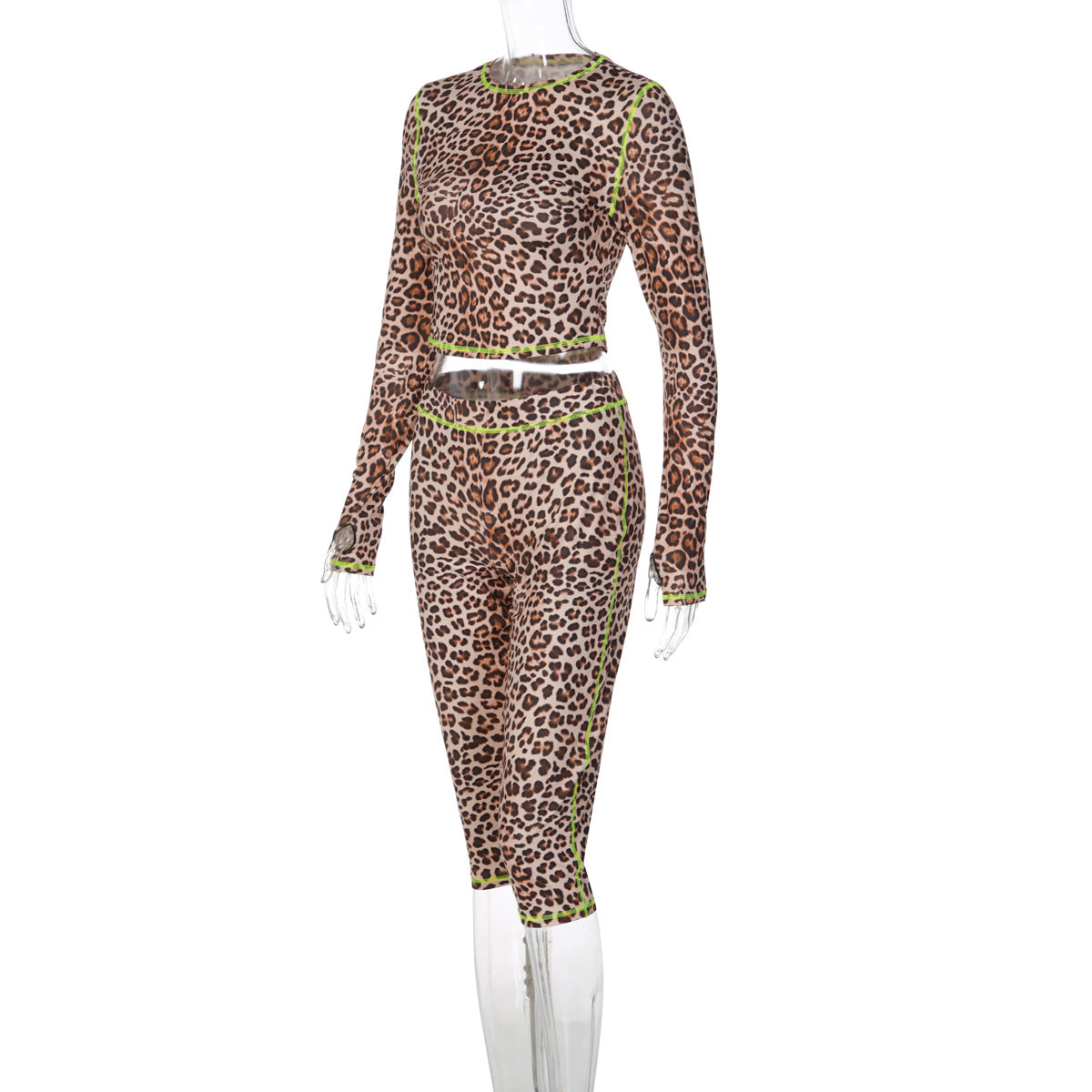 French Women Clothing Autumn Winter Leopard Print Cropped Long Sleeve Top Slim Shorts Set