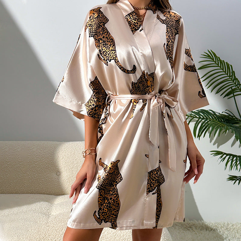 Dennlin Sexy Casual Homewear Simple Cardigan Lace Bathrobe Women Emulation Silk Nightgown Pajamas