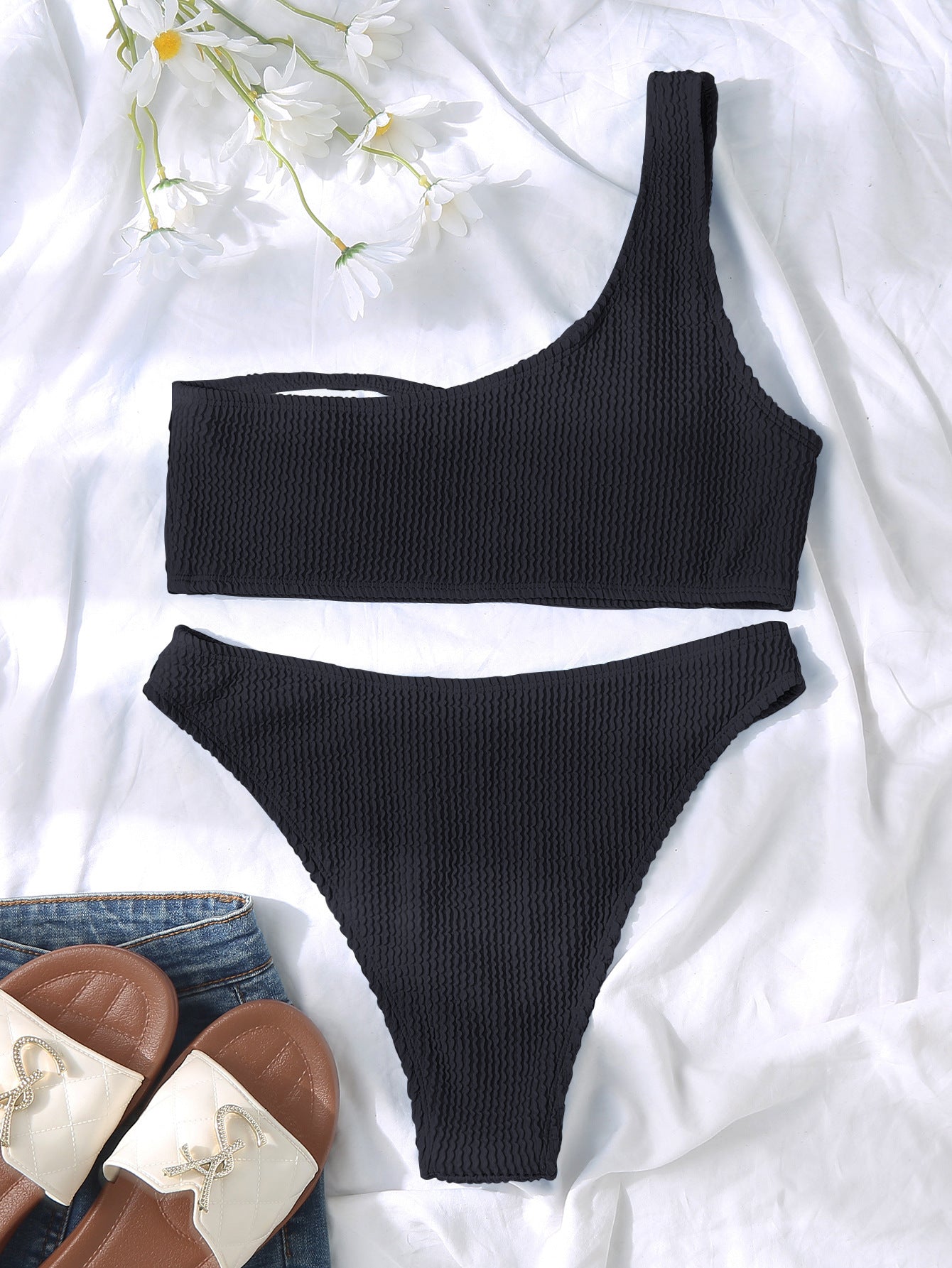 Solid Color Snake Cloth Shoulder High Waist Bikini Sexy Swimsuit Swimsuit for Women
