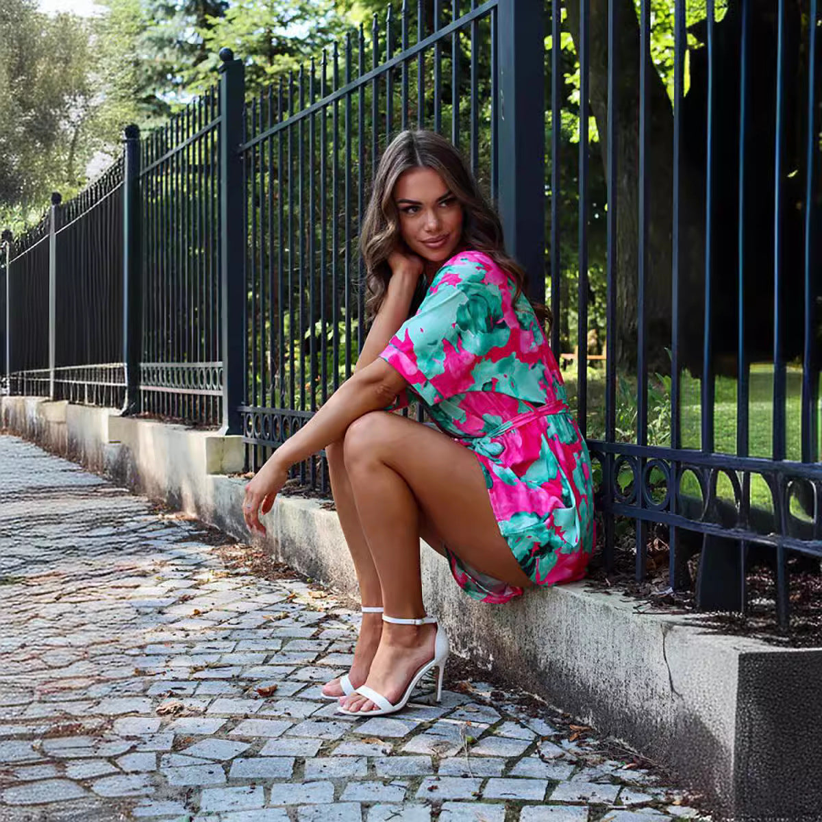 Women Clothing V neck Printed Half Sleeve Dress