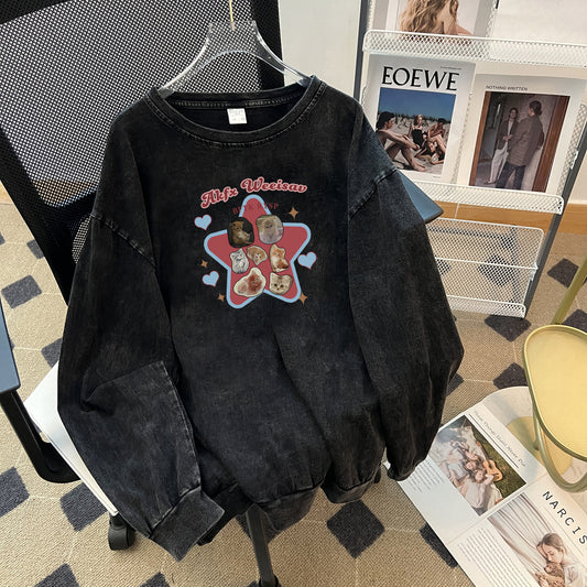 Cotton Washed Old Heavy Sweatshirt Autumn Loose All-Match Niche Washed round Neck Sweatshirt