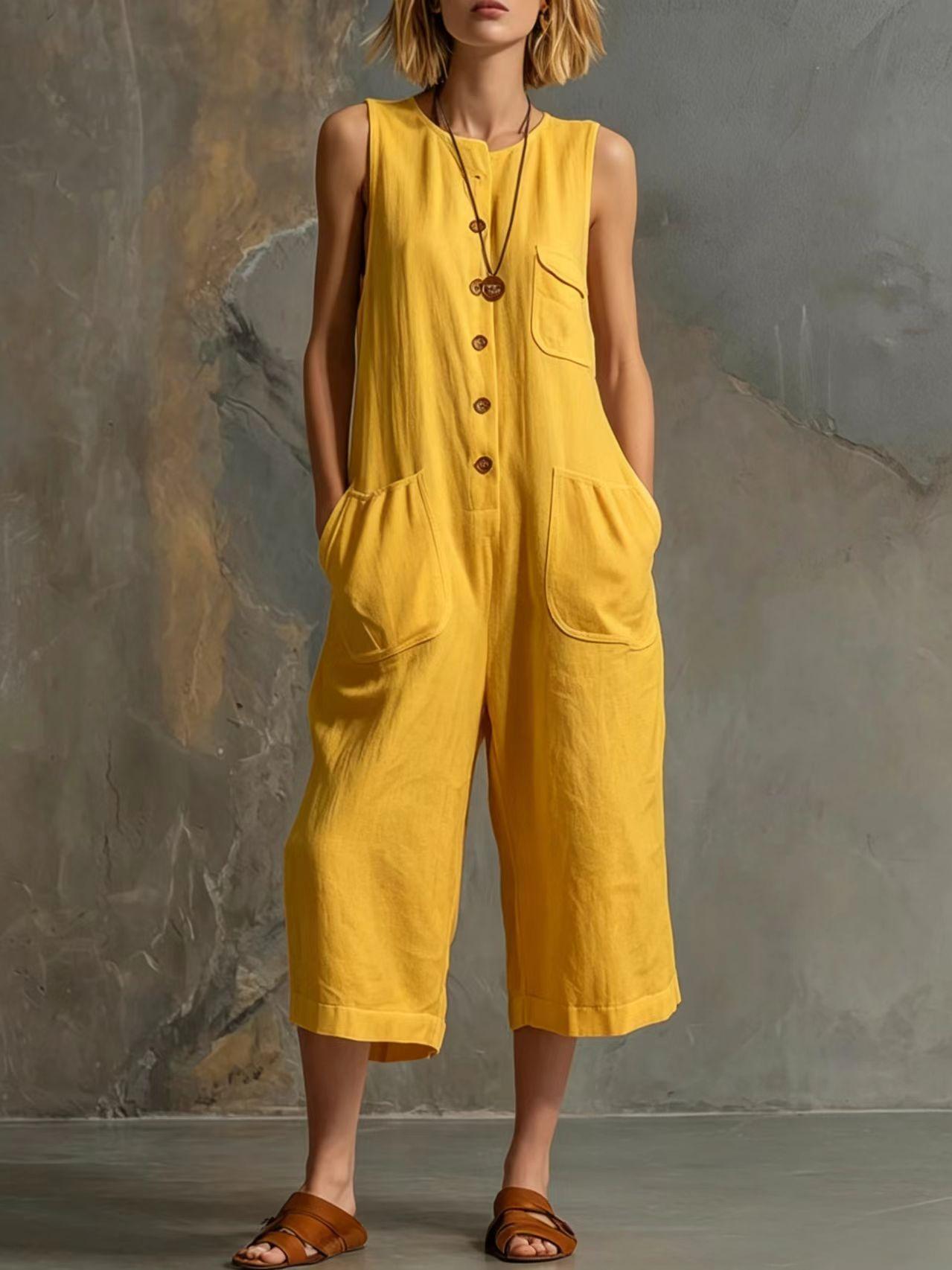 Spring Summer Casual Retro Sleeveless White Cotton Linen Wide Leg Cropped One Piece