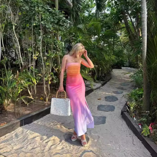 Summer Dress Casual Sexy Gradient Print Tube Top Waist Dress