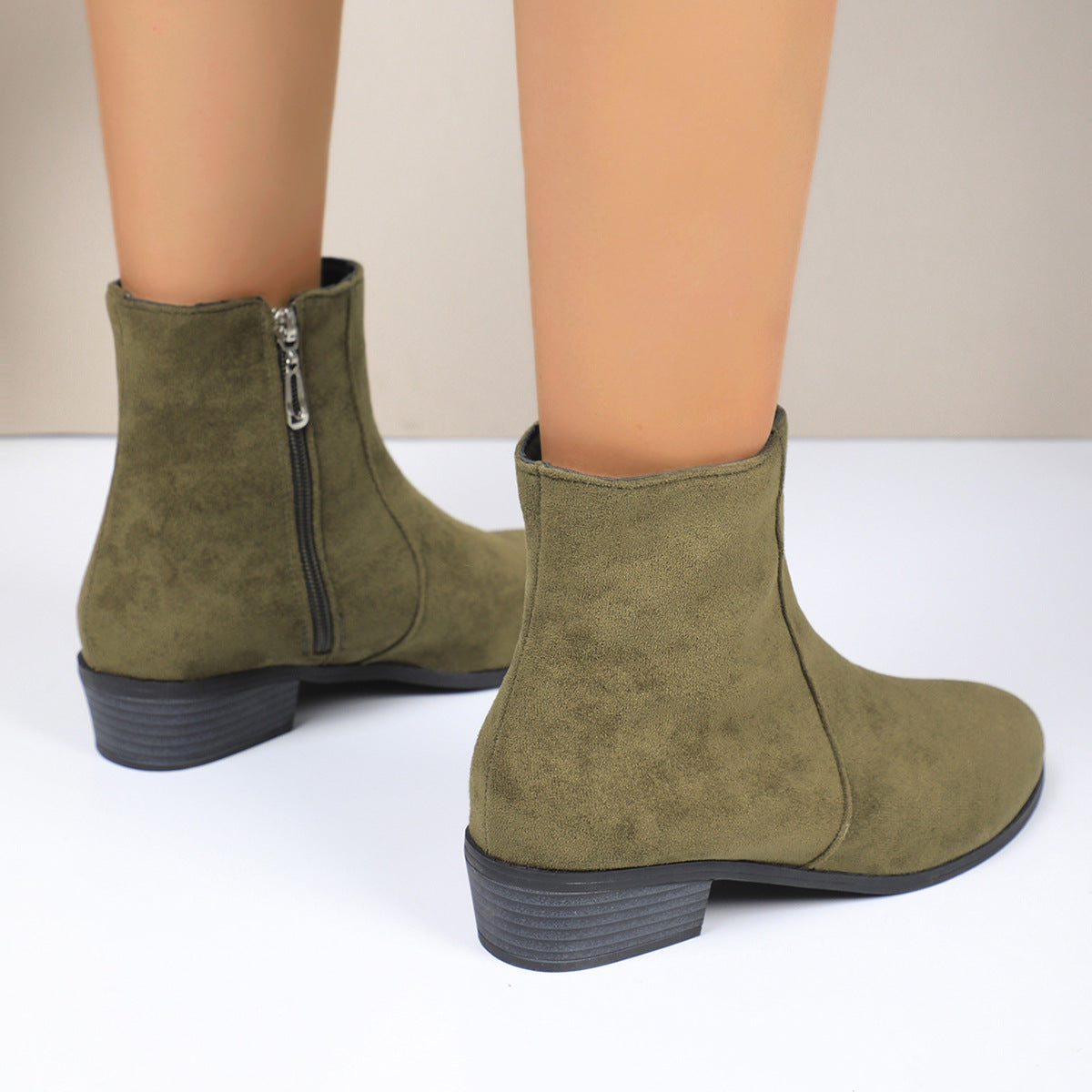 Suede Short Martin Boots Women Thick Heel with British Side Thin Coat with Zip Ankle Boots