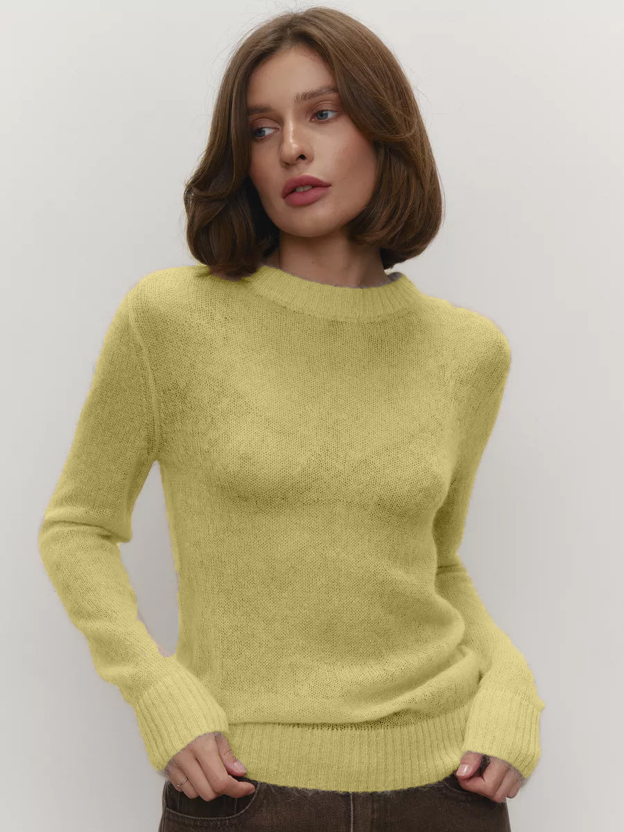 Spring Summer Thin Sweater Blouse Women round Neck See through Basic Knitwear Candy Color