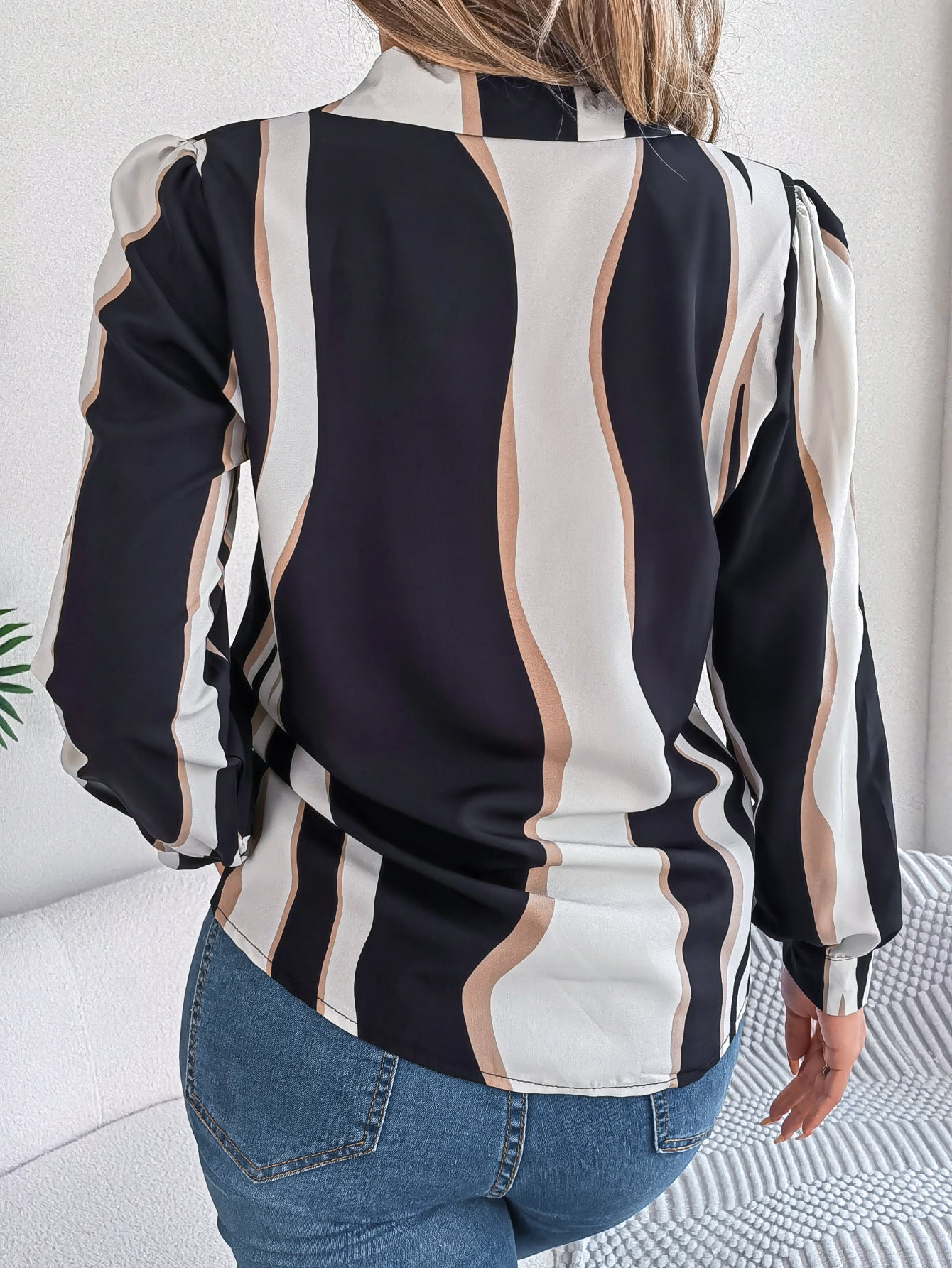 Autumn Winter Casual Contrast Color Striped Suit Collar Long Sleeve Shirt Women