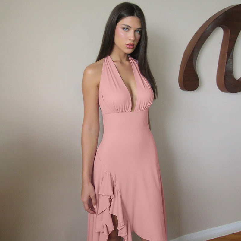 Women Clothing Summer Sexy Deep V Plunge Backless Waist Trimming Sheath Sleeveless Dress Women