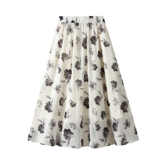 Spring Summer Women Ink Print Skirt A Line Skirt High Waist Slimming Midi Skirt