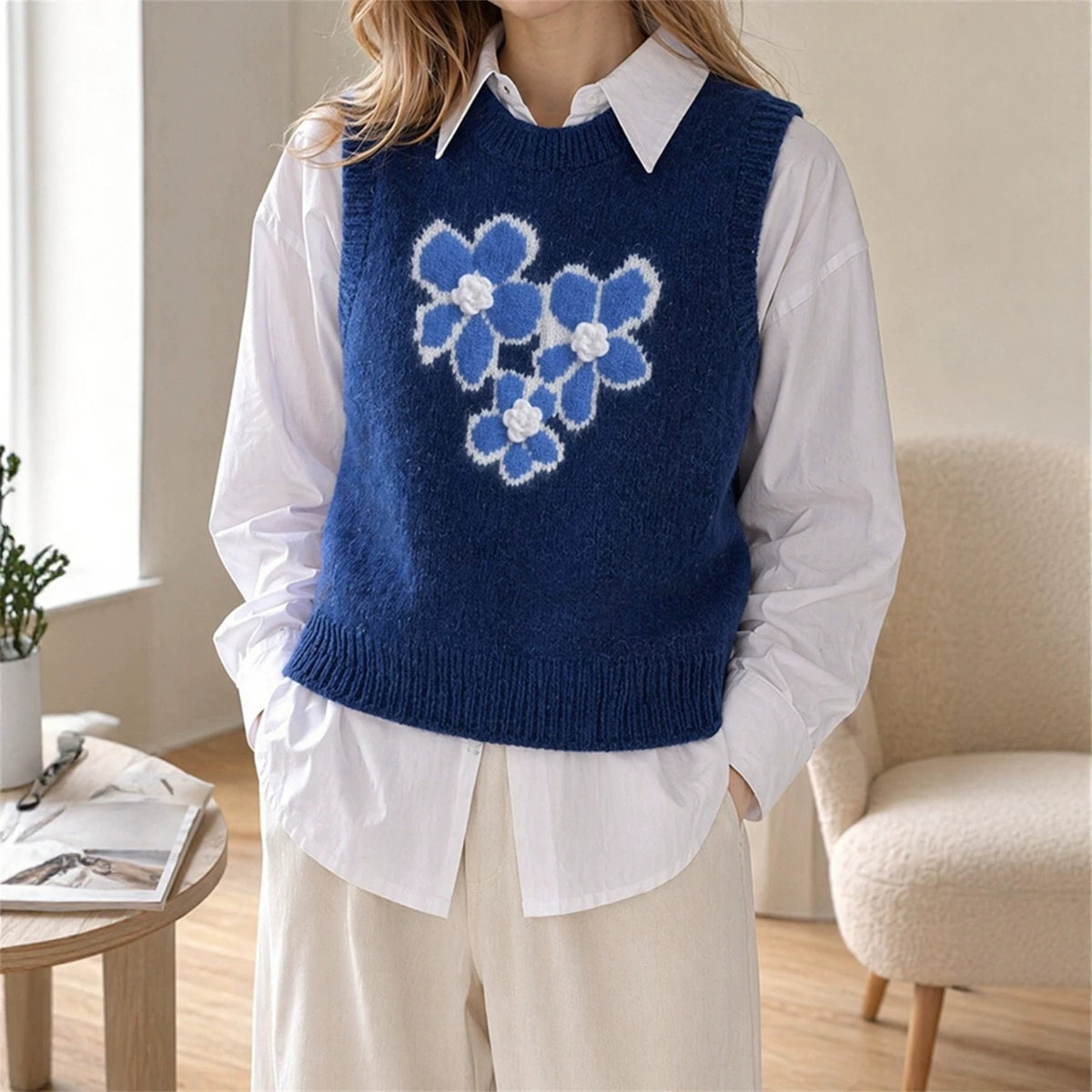 Three Dimensional Floral Jacquard Knitted Vest round Neck Sleeveless Bandage Dress Outerwear Vest Sweater