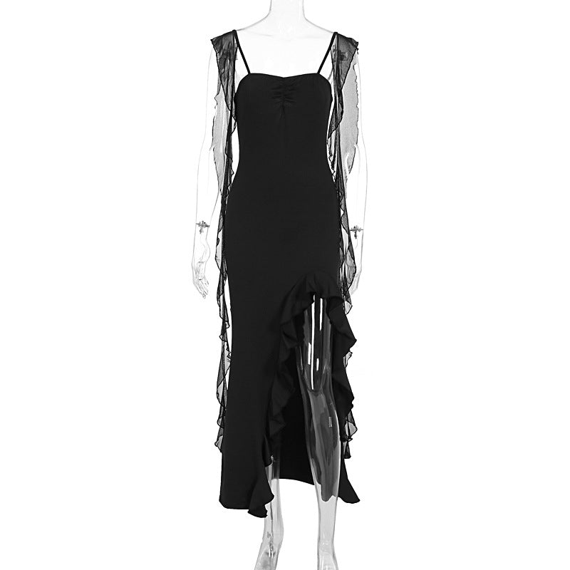 Summer Women Elegant Tube Top Ribbon Ruffled Split Sling Dress