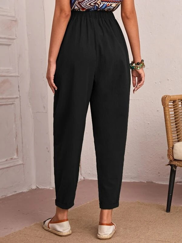 Four Seasons Cotton Linen Cropped Pants Elastic Waist Casual Pants Diagonal Pocket Skinny Pants Women