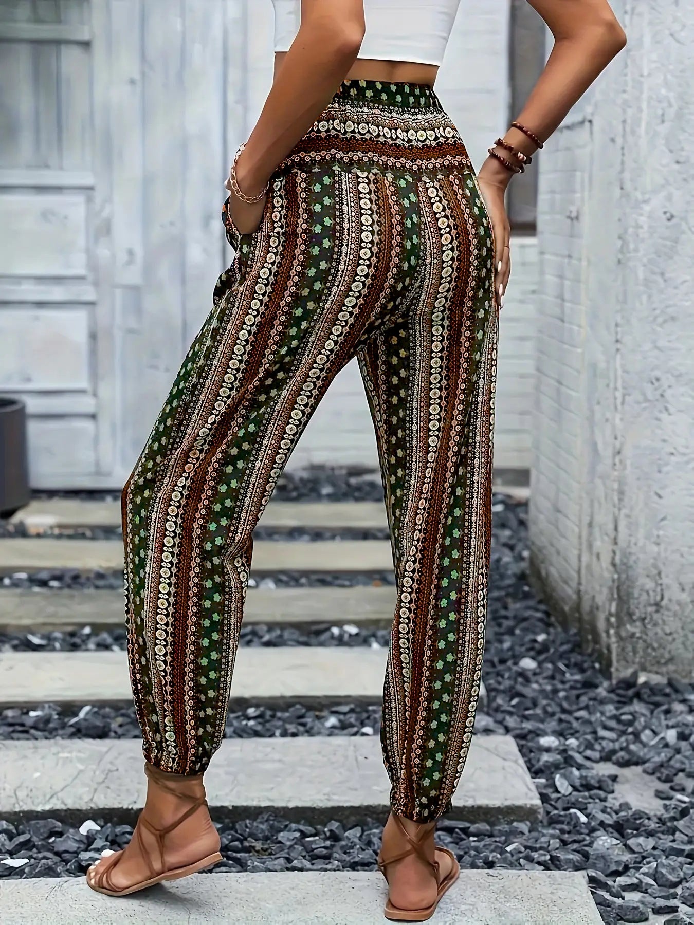 Spring Summer Women Clothing Bohemian Ethnic Print Loose Slimming Draping Effect Elastic Waist Ankle Tied Casual Pants