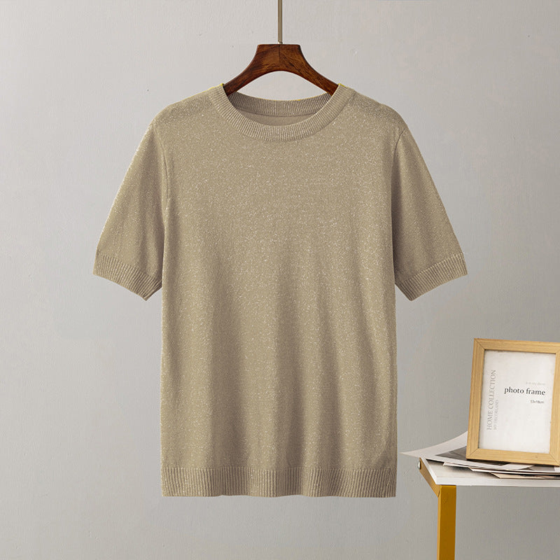 Women Clothing Summer Bright Silk Slim Fit Slimming Short Sleeved Sweater Pullover Top T shirt Bottoming Shirt