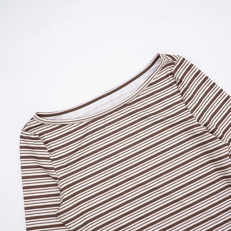 Women Clothing Autumn Winter Elegant Casual Striped Long Sleeved Top Short Shorts Set