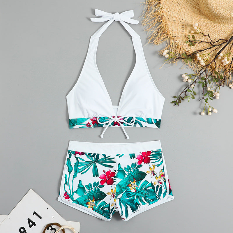 Swimsuit Women Split High Waist Boxer Lace Printing Solid Color Stitching Swimsuit