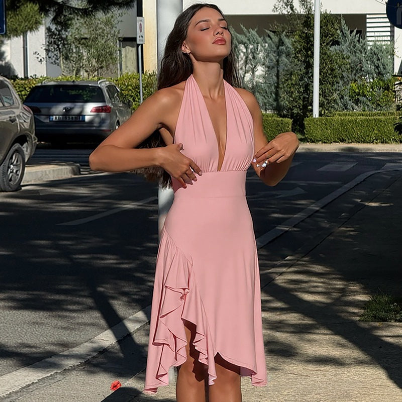 Women Clothing Summer Sexy Deep V Plunge Backless Waist Trimming Sheath Sleeveless Dress Women